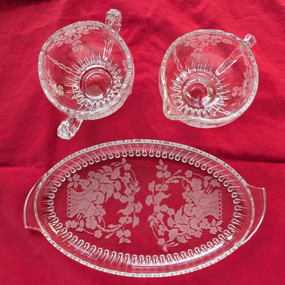 New Martinsville Flower Basket Creamer Sugar Bowl and Tray Set Etched Glass